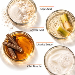 Key ingredients in Orange Skincare Hydrating Face Wash including Kojic Acid, Glycolic Acid, Licorice Extract and Clair Blanche