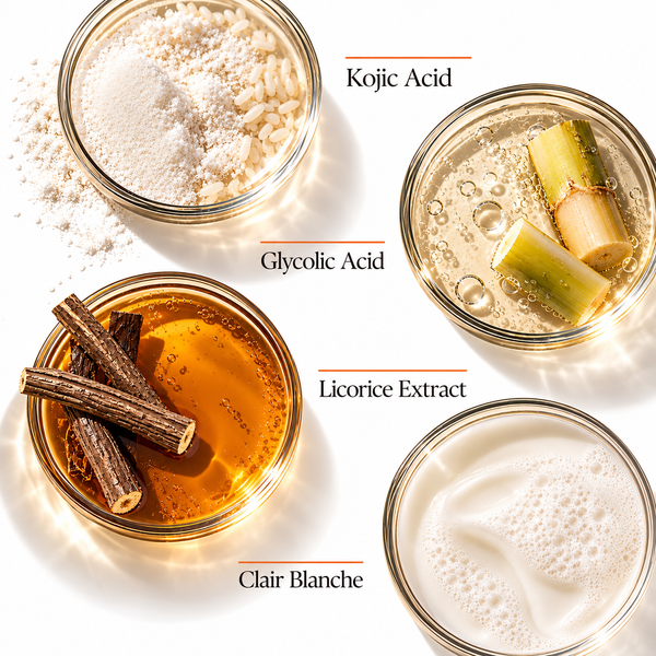 Key ingredients in Orange Skincare Hydrating Face Wash including Kojic Acid, Glycolic Acid, Licorice Extract and Clair Blanche