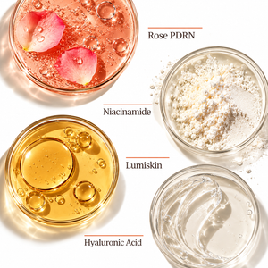 Four clear glass bowls containing skincare ingredients on a white background: a pink rose-toned liquid labeled Rose PDRN with flower petals, a white powder labeled Niacinamide, a golden yellow oil labeled Lumiskin, and a clear gel labeled Hyaluronic Acid.