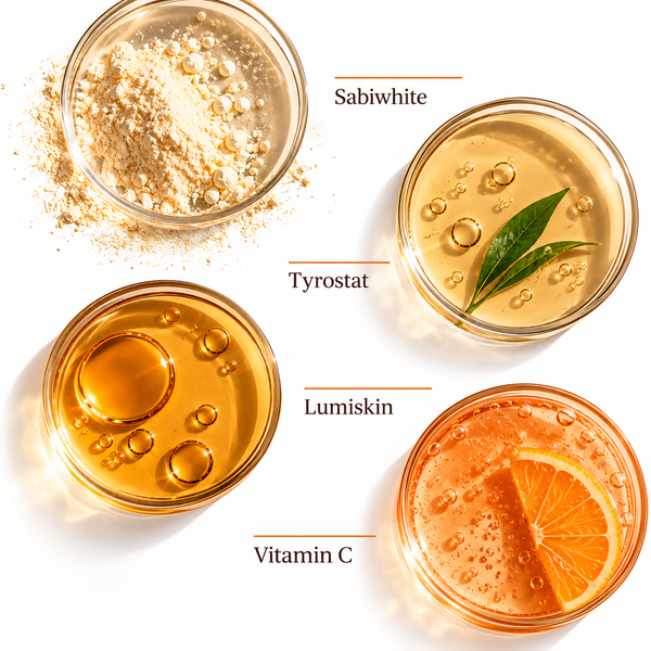 Key ingredients in Orange Skincare Brightening Vit-C Serum including Sabiwhite, Tyrostat, Lumiskin and Vitamin C
