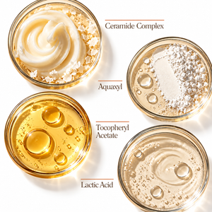 Key ingredients in Orange Skincare Hybrid Daily Protection Sunscreen including Ceramide Complex, AquaXyl, Tocopheryl Acetate and Lactic Acid