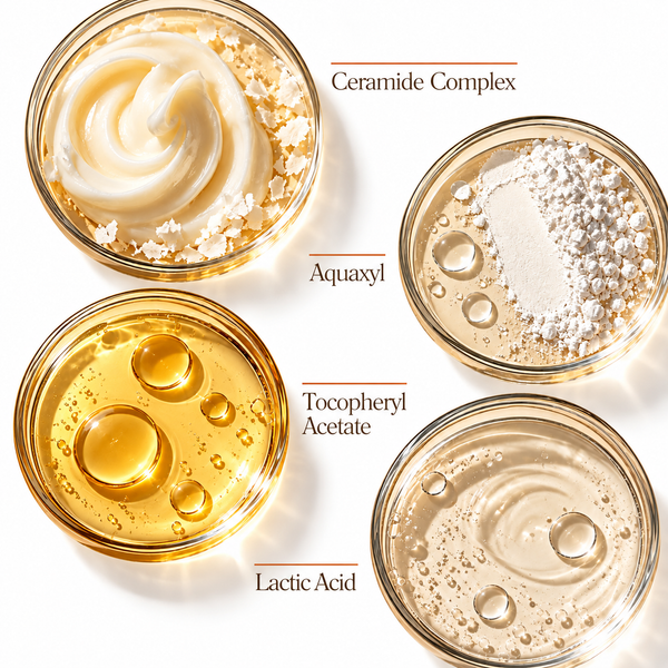 Key ingredients in Orange Skincare Hybrid Daily Protection Sunscreen including Ceramide Complex, AquaXyl, Tocopheryl Acetate and Lactic Acid