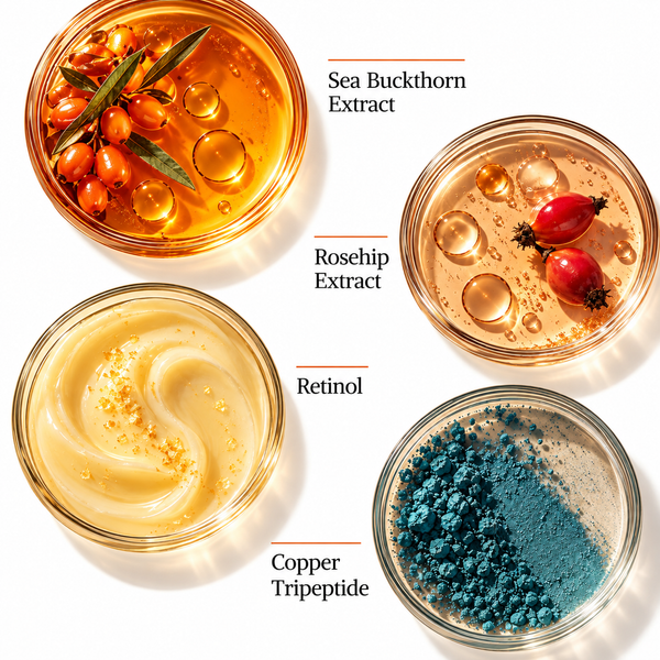 Four glass jars arranged on a white background, each labeled with a skincare ingredient: Sea Buckthorn Extract, Rosehip Extract, Retinol, and Copper Tripeptide. The top-left jar contains amber liquid with sea buckthorn berries and leaves; the top-right jar contains pale golden liquid with rosehip berries; the bottom-left jar shows a pale yellow cream with golden flakes; the bottom-right jar contains a blue-gray powder.