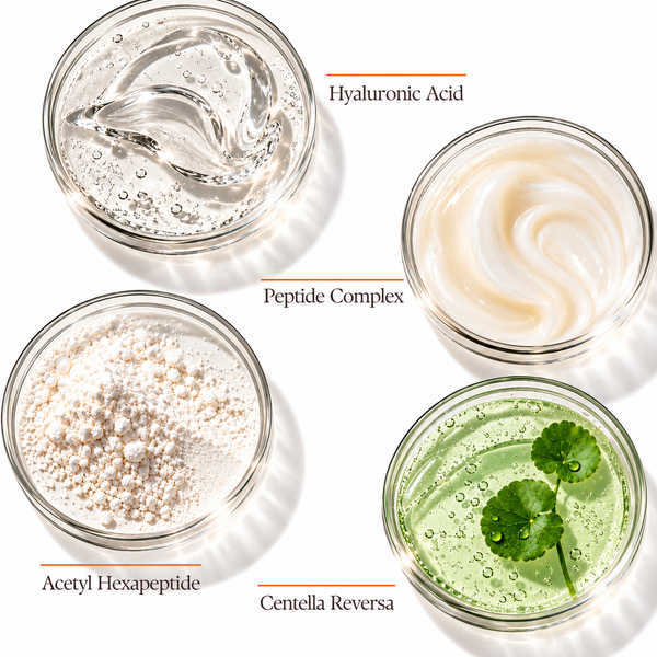 Key ingredients in Orange Skincare Collagen Boost Capsule Cream including Hyaluronic Acid, Peptide Complex, Acetyl Hexapeptide and Centella Reversa